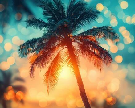 Sunset view of a tropical palm tree with bokeh lights in the background photo