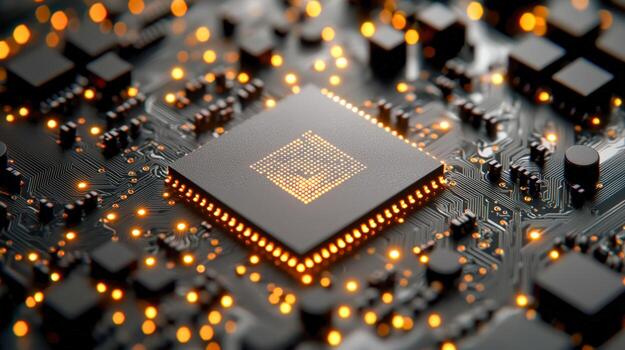 de cerca de un computadora procesador con iluminado circuito tablero elementos foto