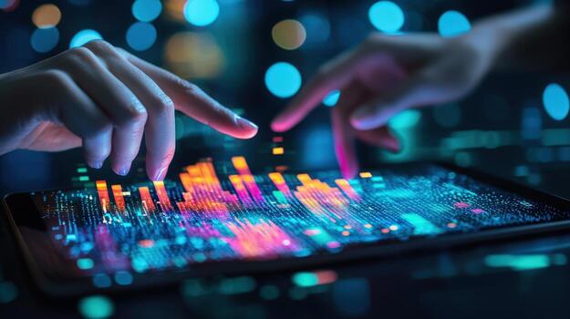 manos interactuando con un digital datos visualización en un tableta con vistoso iluminado bar gráficos y resumen antecedentes foto