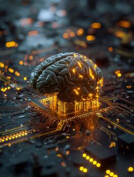 Futuristic AI-powered brain simulation integrated with advanced circuitry photo