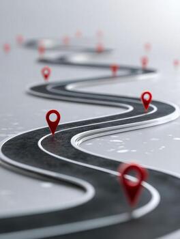 A winding race track with multiple red location markers stretching into the distance, symbolizing a journey filled with new destinations and adventures. photo