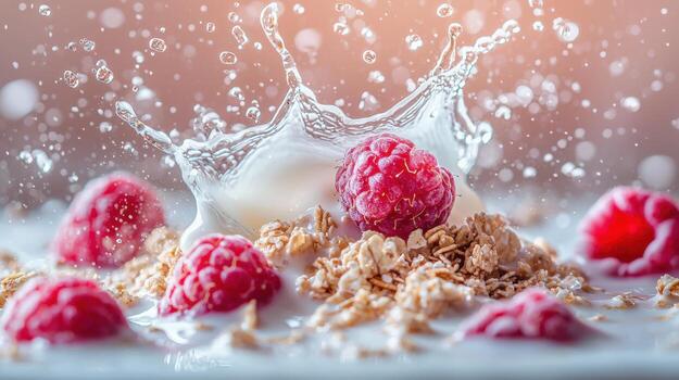 Raspberries and granola with milk splashing, close-up of breakfast bowl with fresh berries and crunchy cereal photo