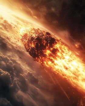 A fiery asteroid breaking apart in space with glowing explosion and clouded atmosphere in the background photo