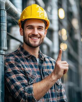 Smiling construction worker in a yellow safety helmet showing a thumbs-up gesture in an industrial setting photo