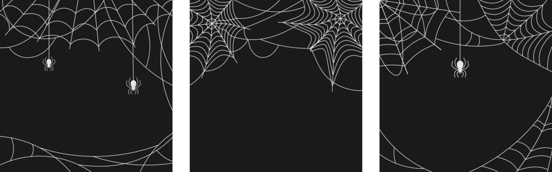 White Spider Web and spiders, cobweb on black square background set, illustration vector