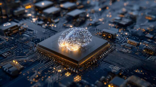 Advanced semiconductor technology with a digital neural network illustration on microchip circuit board photo