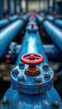 Close-up of industrial pipeline with red valve handle and blue pipes in a factory setting photo