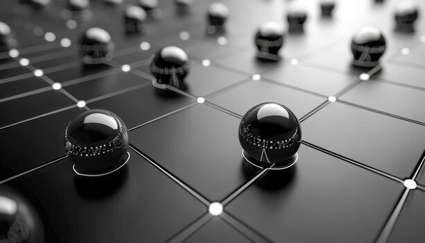 Digital blockchain network with interconnected black spheres on a dark surface photo