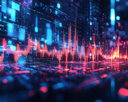 Digital stock market data visualization with glowing graphs and neon grid background photo