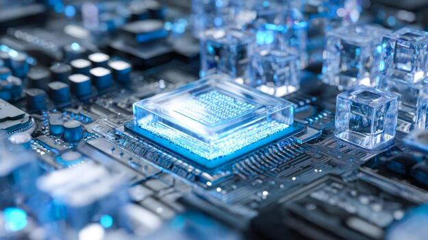 Close-up of a futuristic computer microchip mounted on a circuit board with illuminated components photo