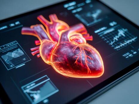 Digital 3d rendering of a human heart with medical data and analytics photo
