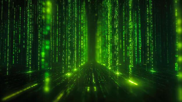 Digital data stream visualization with green binary codes in a futuristic environment photo