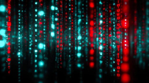 Digital data streams in vibrant neon colors creating a futuristic cyber environment photo