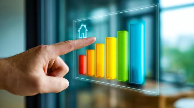 Interactive digital growth chart with colorful bars and home icon indicator photo