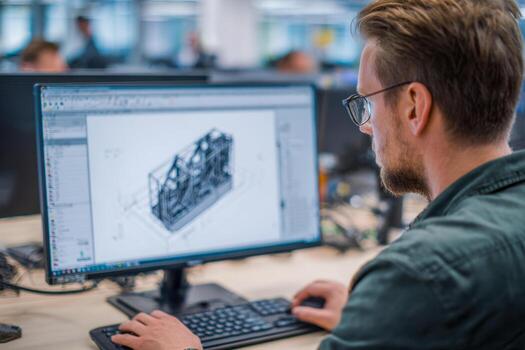 Engineer working on 3d structural design at a computer in a modern workspace photo