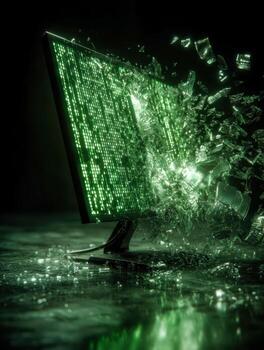Digital display shattering with glowing green data fragments photo