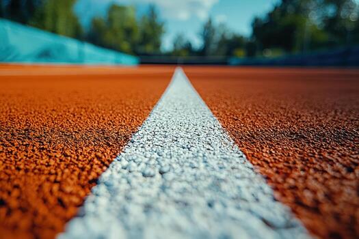 Close-up of a running track with a white lane line during daytime photo