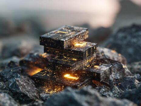 Futuristic blockchain-inspired digital Bitcoin coin stack emerging from rocks photo