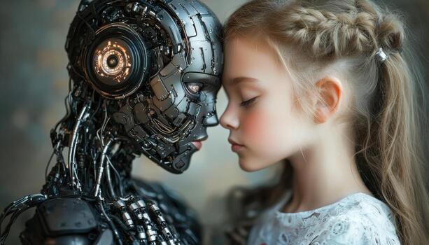 Human and robot face-to-face with foreheads touching in a futuristic setting photo