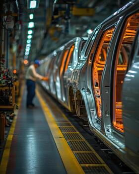 Automotive manufacturing assembly line with worker inspecting car frame in a high-tech factory photo