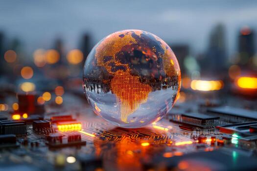 Digital globe reflecting global connectivity on a circuit board at dusk photo