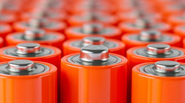 Array of orange cylindrical lithium-ion batteries with metallic tops arranged in a grid pattern photo