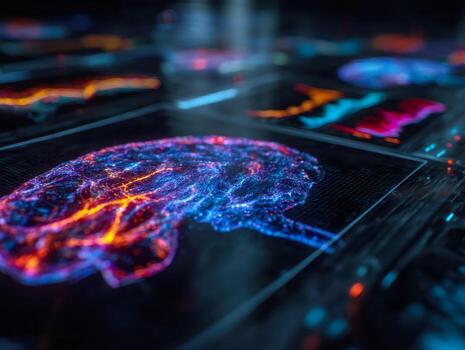 Futuristic digital brain visualization with vibrant neural network data displays photo