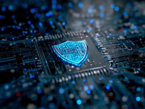 Digital security and cybersecurity concept featuring a glowing shield icon on a circuit board photo