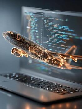 Futuristic 3d airplane model emerging from laptop screen with coding software in the background symbolizing aviation technology and digital innovation photo