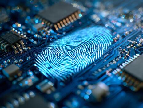 Digital fingerprint on a circuit board symbolizing cybersecurity and biometric authentication photo
