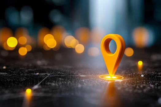 Digital map pin icon illuminated on a futuristic interface with glowing background lights photo