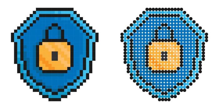 Pixel icon. Locked padlock on background of shield. Reliable secure storage of vector