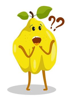Surprised frustrated pear, quince character stands at loss with question mark above head. Cartoon Image isolated on white background vector