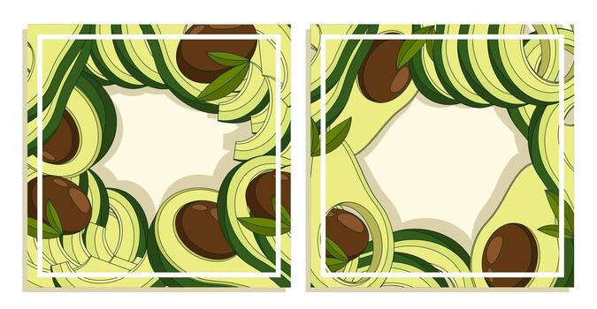 Festive square cards with Avocado cutting set. Avocado wedges and slices, halved and thinly sliced for salads and snacks. Cartoon Image in thin line vector