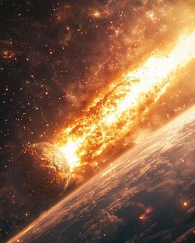 Apocalyptic asteroid impact causing massive explosion near Earth in space photo