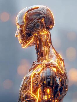 Futuristic robotic human figure with glowing circuit-like details and transparent metallic surface exuding advanced technology and artificial intelligence essence photo