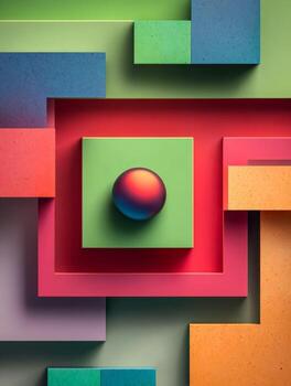 Abstract colorful geometric composition with textured squares and a centered spherical element photo