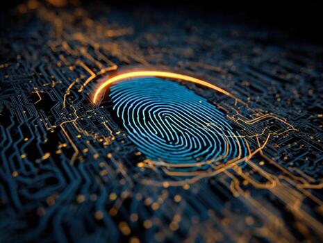Digital fingerprint security concept with circuit board background photo