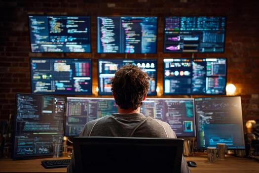 Programmer working at multi-screen computer setup in a dark tech office photo
