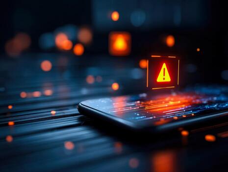 Digital security alert with warning icon on a smartphone screen in a dark, futuristic setting photo