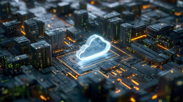 Futuristic digital cloud icon on a high-tech server grid representing cloud computing technology photo