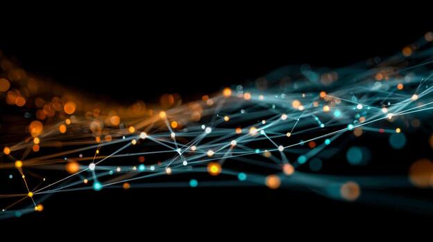 Abstract digital network with glowing data connections against a black background photo