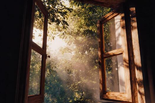 Sunlight streaming through an open window into lush greenery photo