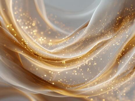 Abstract flowing golden fabric with shimmering glowing particles and soft waves creating an elegant and luxurious visual effect in a smooth background photo