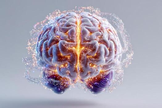 Digital rendering of a human brain with glowing neural pathways and energy connections photo