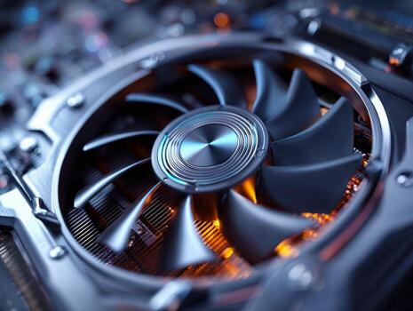 High-performance graphics card with illuminated cooling fan in a computer system photo