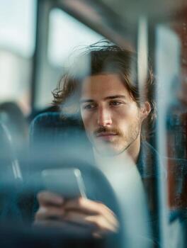 Young man with thoughtful expression looking out window while holding mobile device during daytime commute on public transportation photo