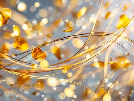 Abstract golden and silver bokeh with flowing lines and floating shapes photo