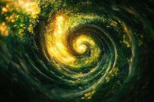 resumen espiral túnel con brillante verde y amarillo luces en un bosque ajuste foto