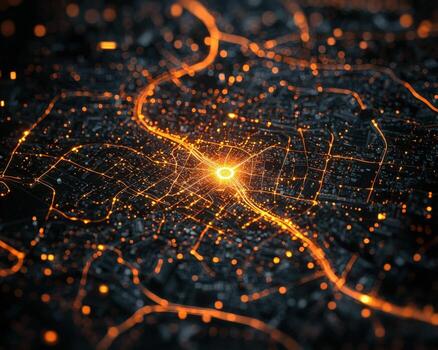 Illuminated city map at night with glowing streets and digital data points photo